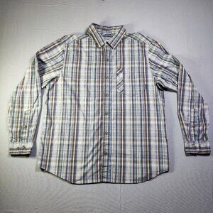 Columbia button down shirt men's size L grey blue plaid long sleeve casual